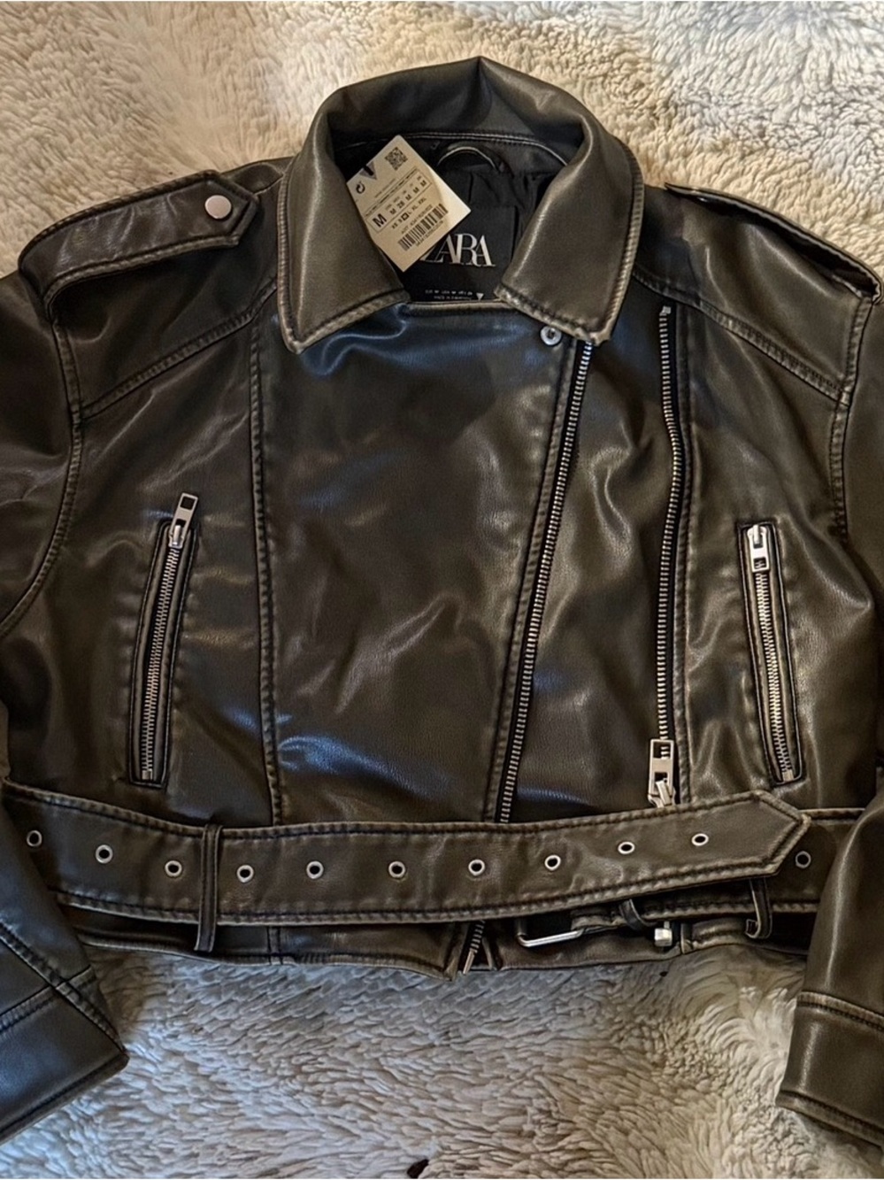 Zara Black Faux Leather Biker Jacket with Belted Waist
